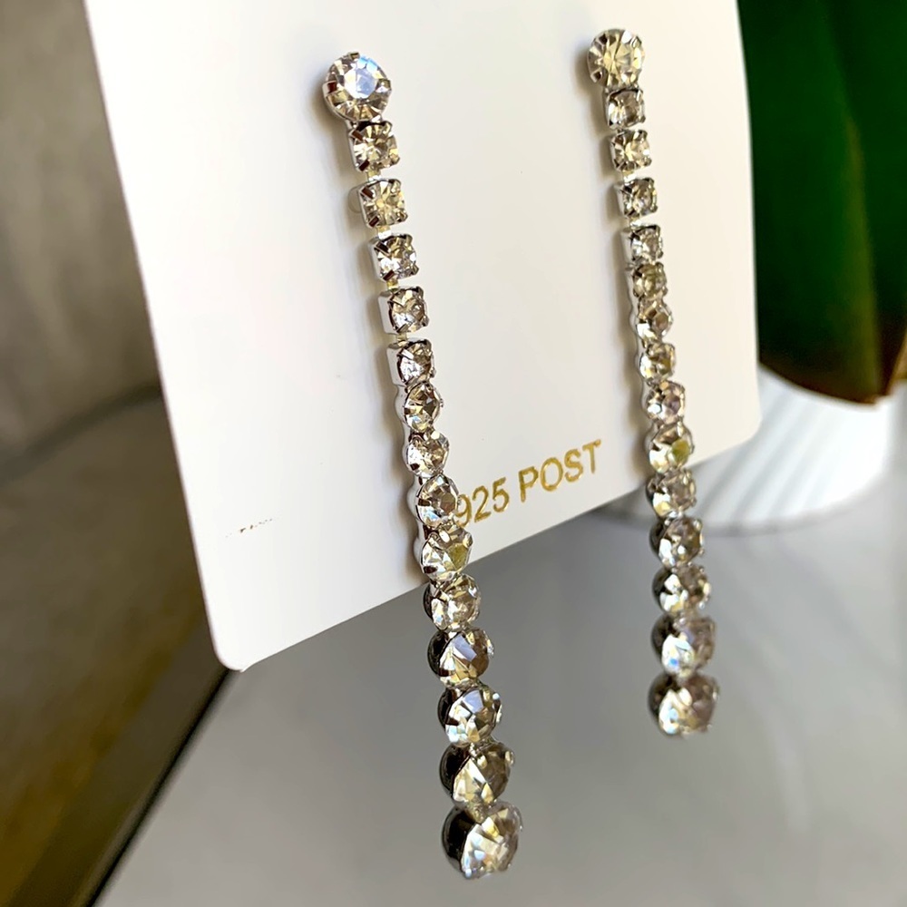 Long Rhinestone Silver Tone Earrings - Picture 6 of 8